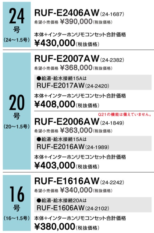 リンナイ - RUF-Eシリーズ小売り希望価格